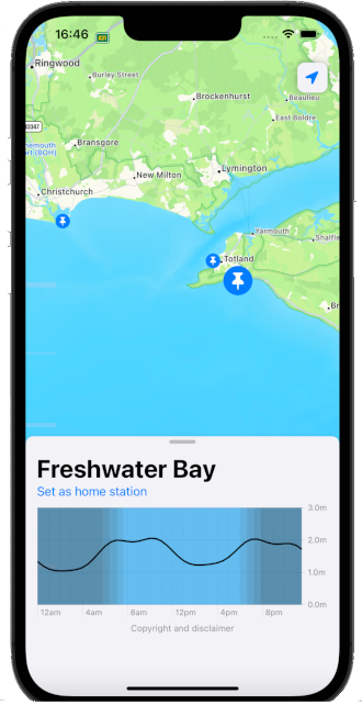 The map that lets the user choose a tide location.