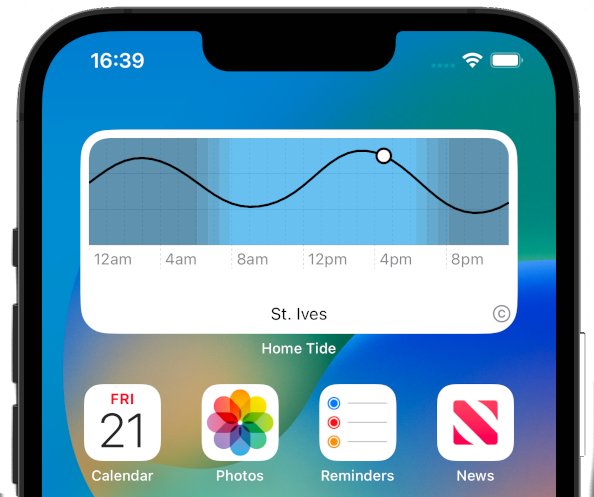 The widget on the home screen, showing the day's tides.